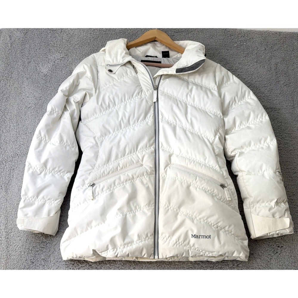 Marmot Jacket Womens Medium 85% Duck Down 700 Fill White Hoodie Marmot Jacket